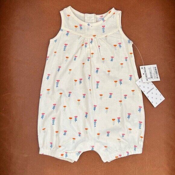 Nordstrom Baby Ivory Organic Cotton Knit Pristine Stems Print Romper 3 Month - Picture 1 of 2